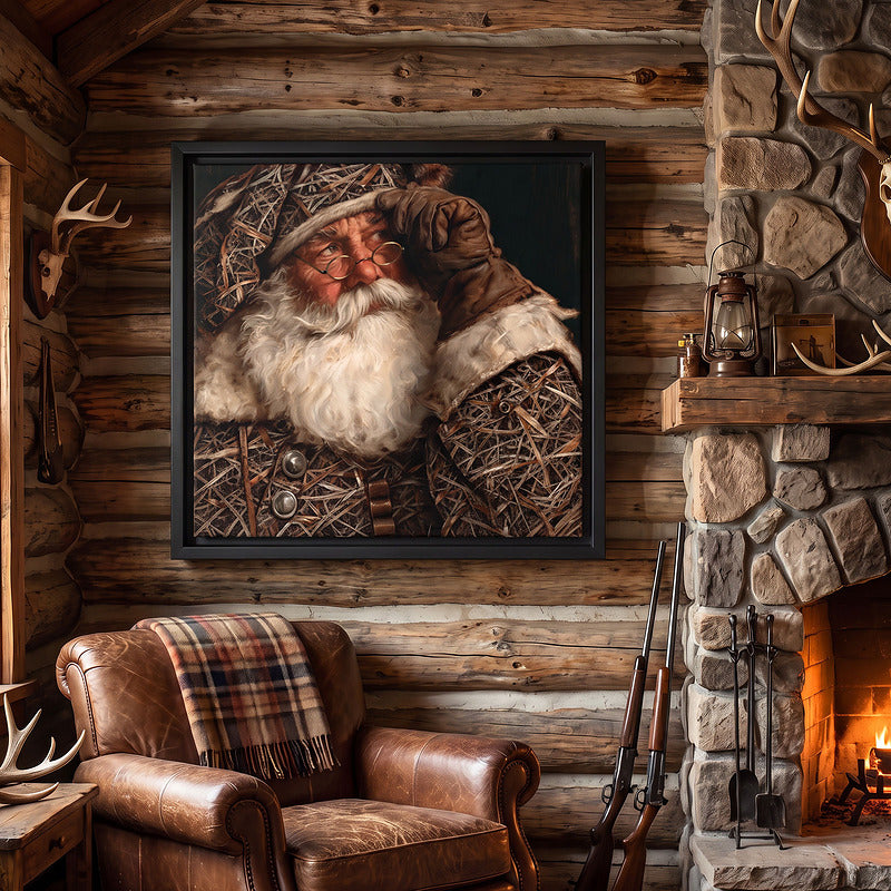 Camo Santa canvas wall art in a black float frame on a log cabin wall beside a stone fireplace, leather armchair and plaid throw