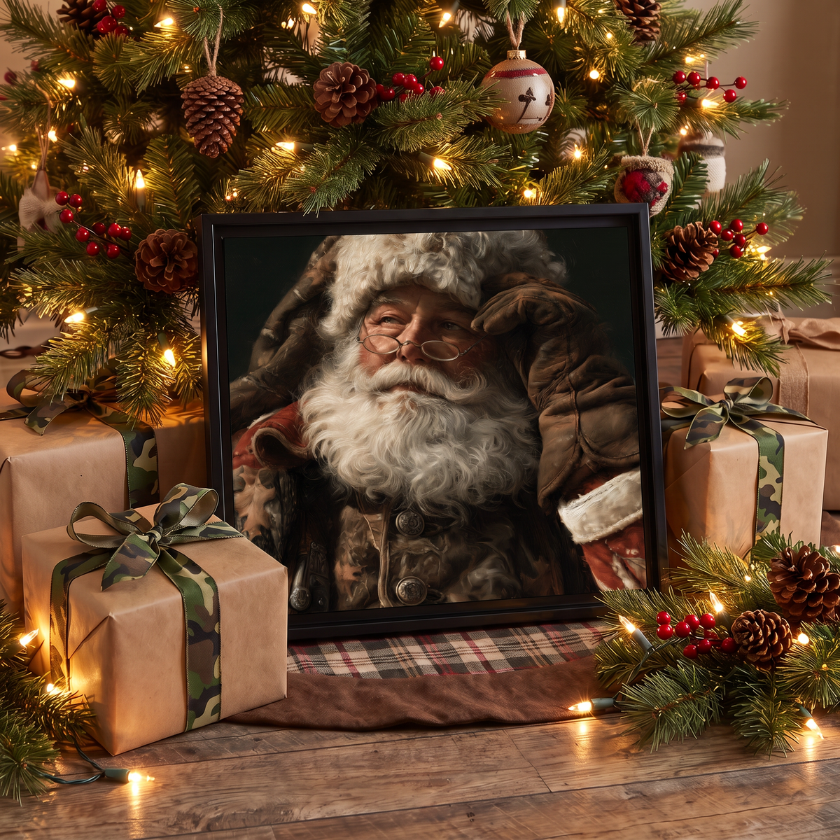 Camo Santa art in a black frame leaning at the foot of a lit Christmas tree, surrounded by gifts wrapped with camouflage ribbon