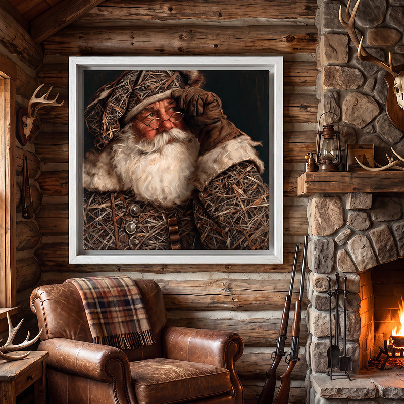 Camo Santa canvas in a white float frame on the same log cabin wall, shown for comparison with the black frame