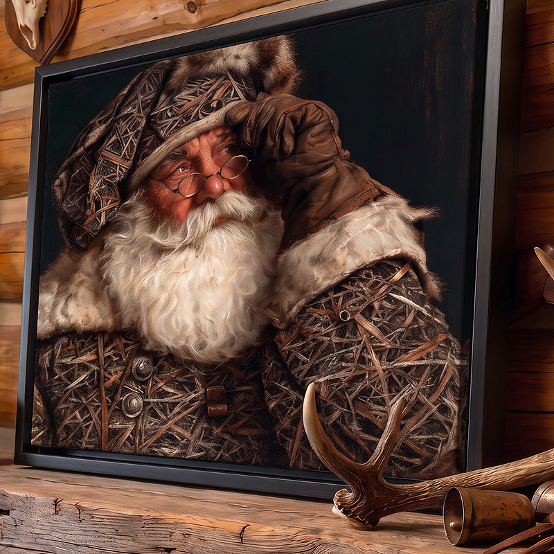 Camo Santa canvas in a black float frame resting on a timber mantel beside a shed antler and a brass game call