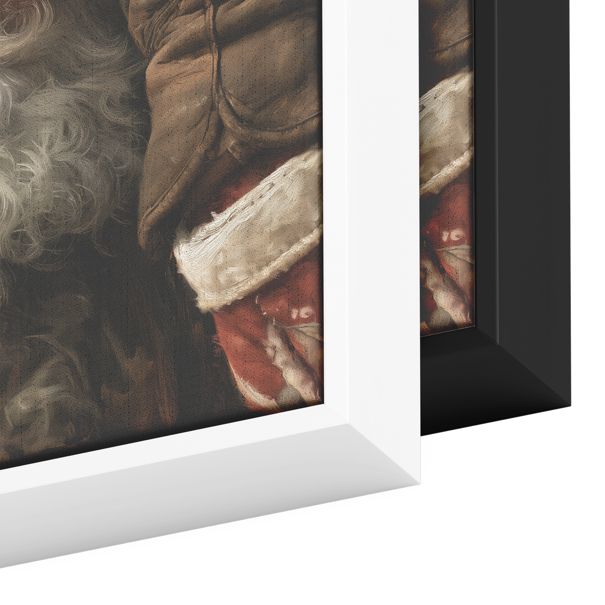 Frame corner detail comparing the white and black float frame finishes on the camo Santa canvas