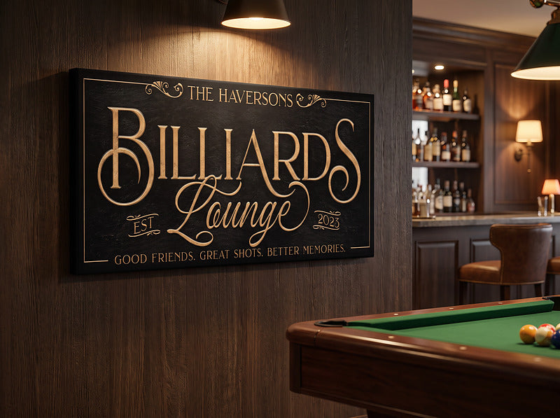 Billiards lounge sign on stretched canvas, unlit, hung on a dark wood wall above a pool table