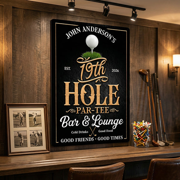 Personalized canvas bar and lounge sign with golf theme on a wooden wall.