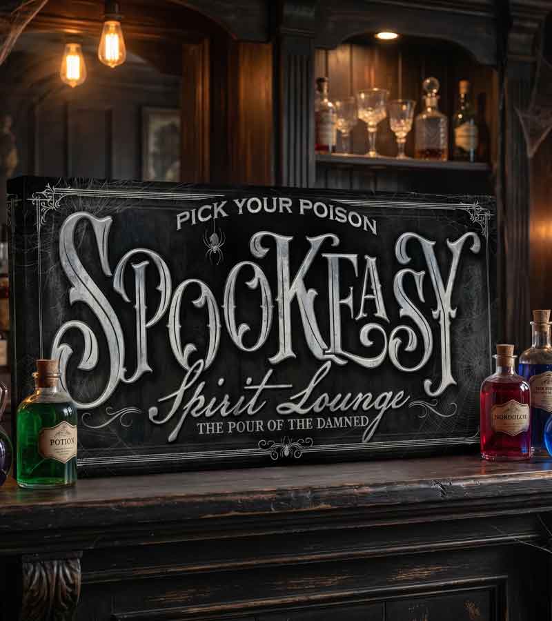 Decorative sign for 'Spookeasy Spirit Lounge' with bottles on a wooden shelf.