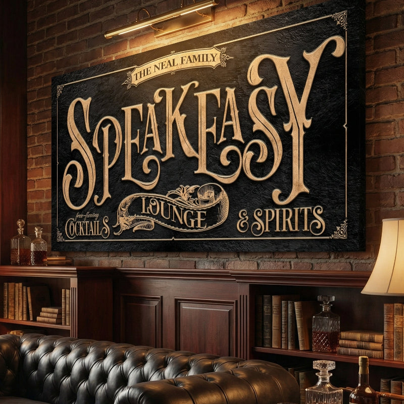 canvas speakeasy sign on rustic brick wall in a traditional speakeasy room