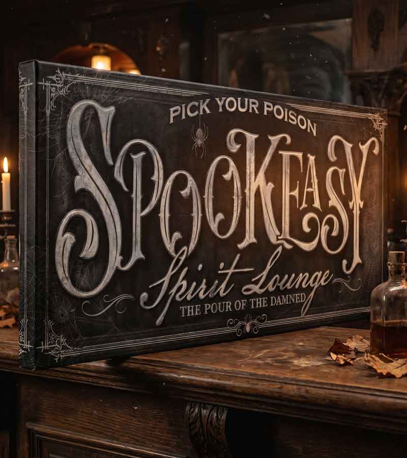 Canvas spookeasy Lounge Sign on dark table