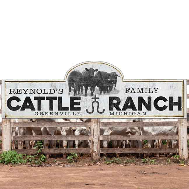 Cattle Ranch Sign on rustic faux wood with black cows and the words Cattle ranch with family name and city and state.