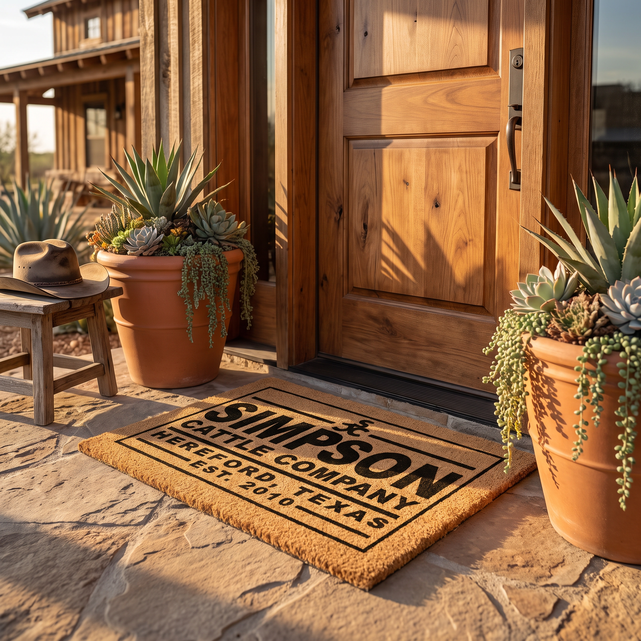Cattle ranch doormat with ranch name, town and est year in black on coir, at a ranch house door