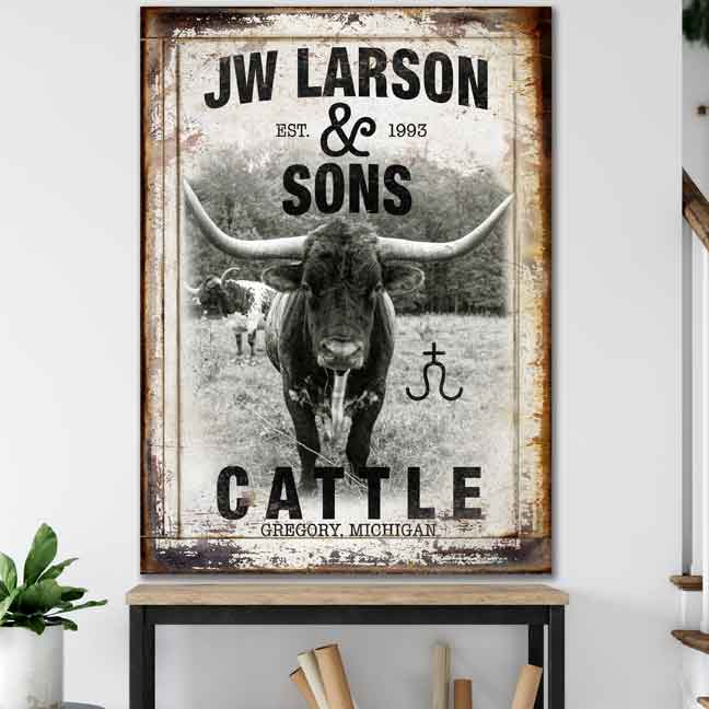 cattle ranch sign of a longhorn steer personalized with name and branding iron symbol