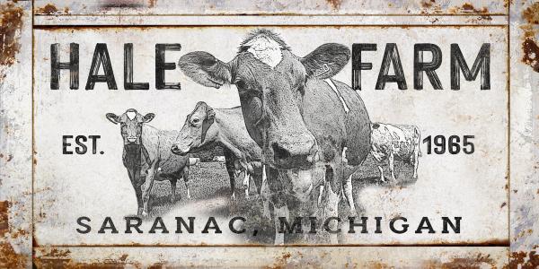 Cattle Ranch Signs and Rustic Farmhouse decor on distressed cream colored paint with black words [Family Name, Farm] Est. Date, and City and State with a big photo of cows on it.