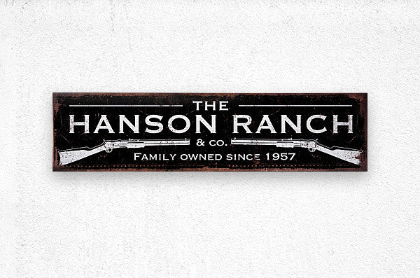 Cattle Ranch Sign personalized with distressed background and (family name) and shotguns.