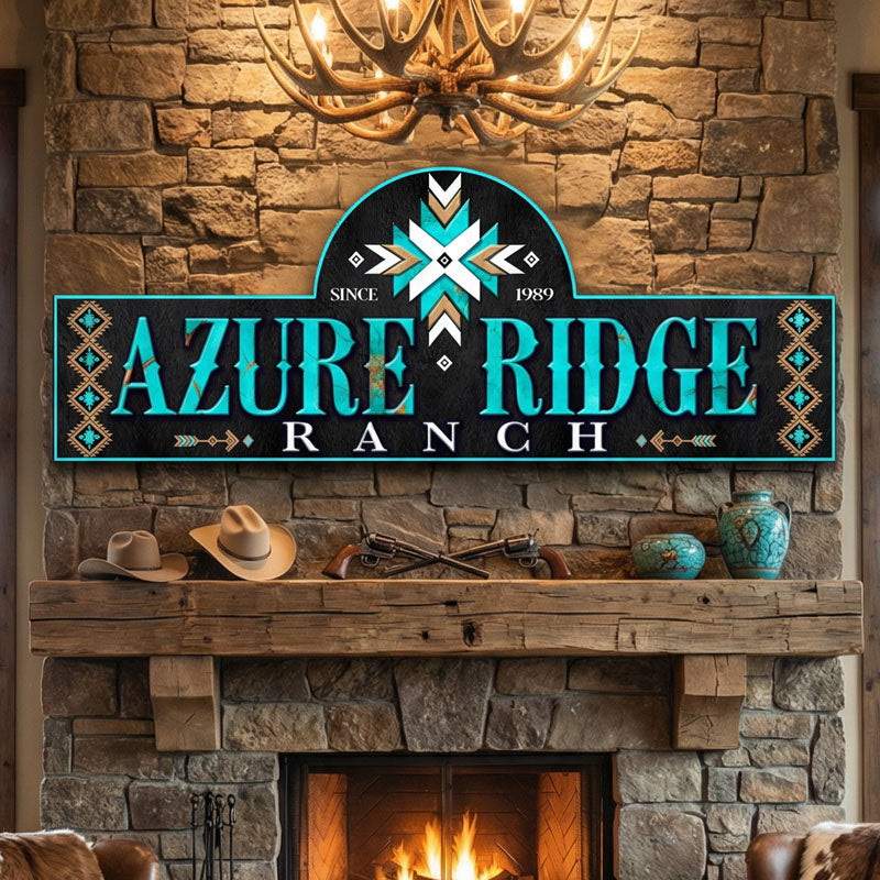 cattle ranch signs with a turquoise letters and aztec design.