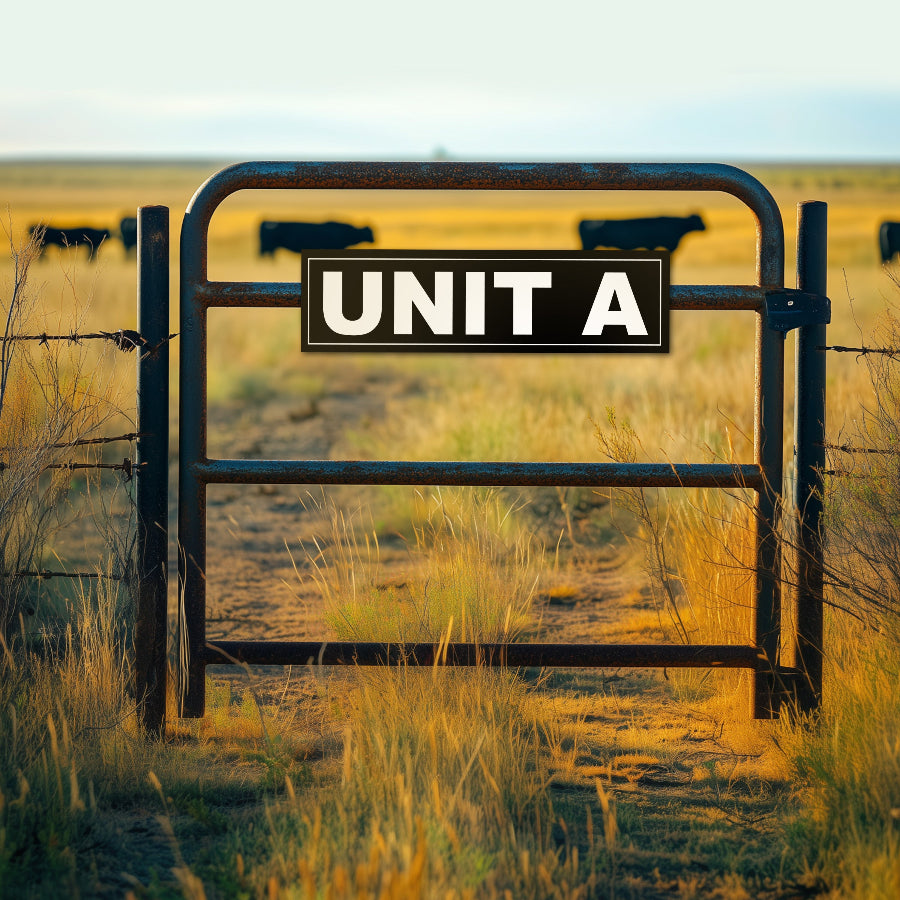 cattle ranch sign to locate area, black and white metal signage