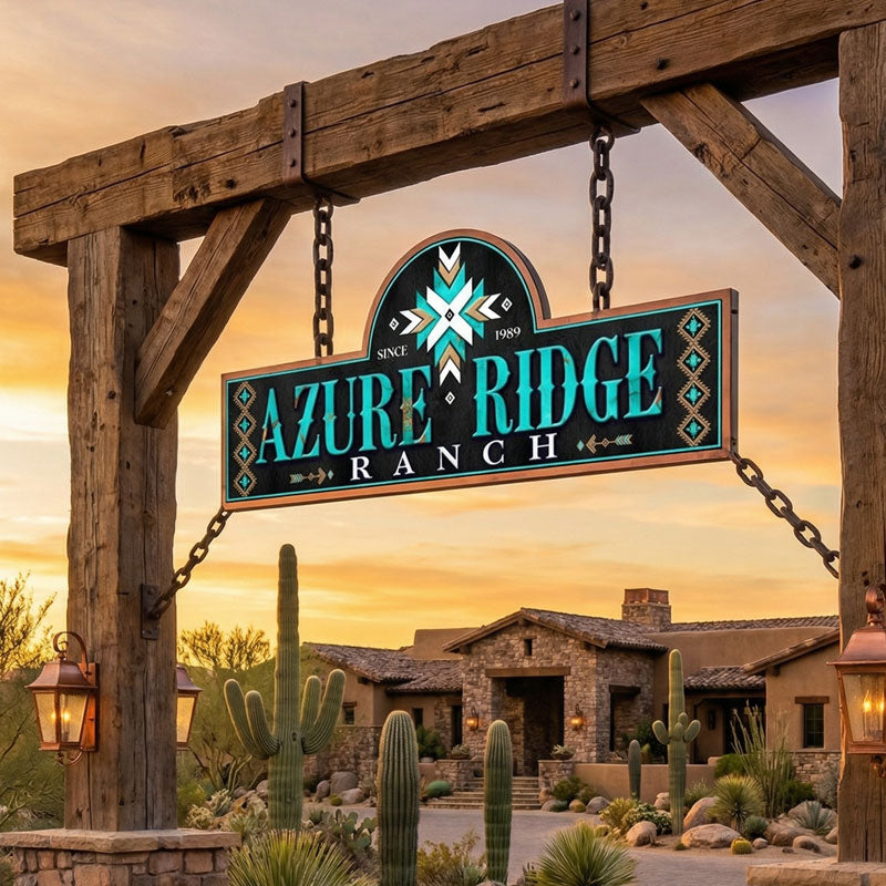 cattle ranch sign hanging on chains from wood beams