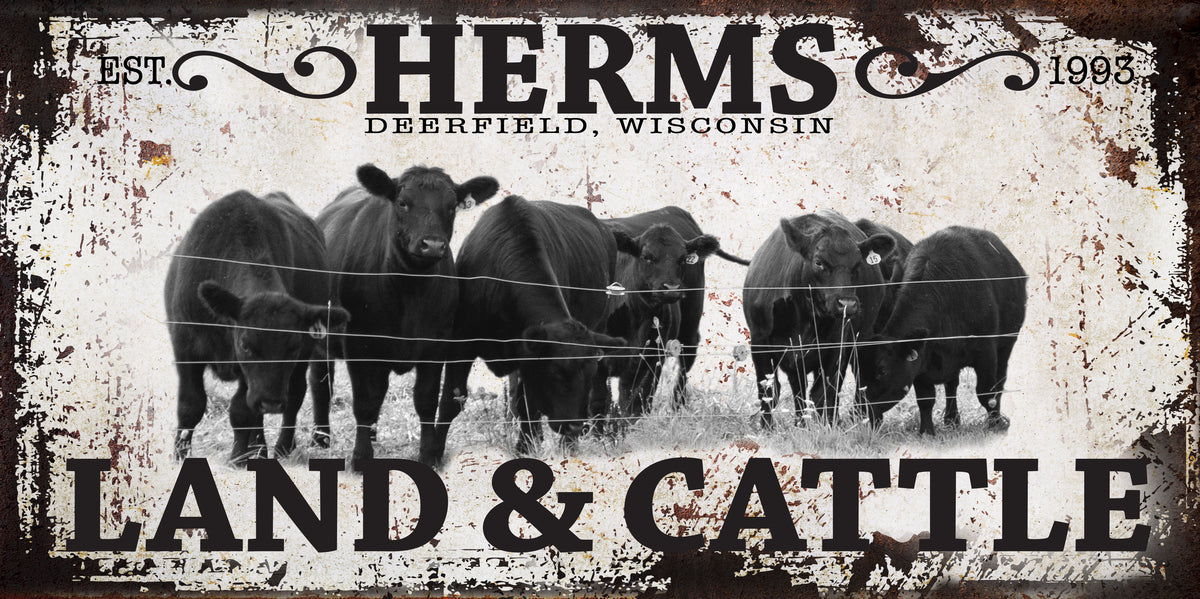 Cattle Ranch Signs Decor Custom with black angus cows standing by the fence with the word (family name) Land and Cattle