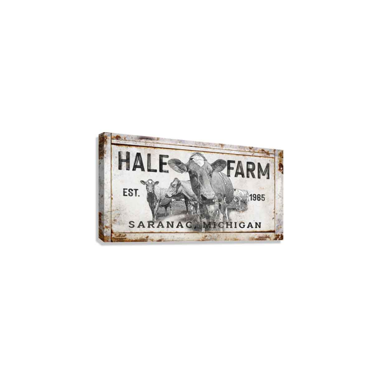Cattle Ranch  Decor on distressed cream colored paint with black words [Family Name, Farm] Est. Date, and City and State with a big photo of cows on it.