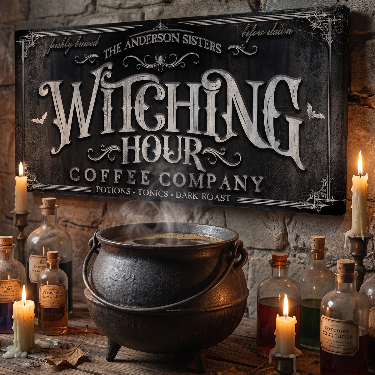 Witching Hour coffee sign above a cast iron cauldron, lit candles and coloured potion bottles