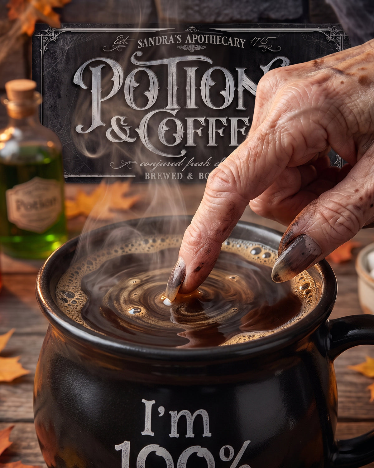 Close up of a hand stirring a black cauldron mug beneath the Potions and Coffee sign