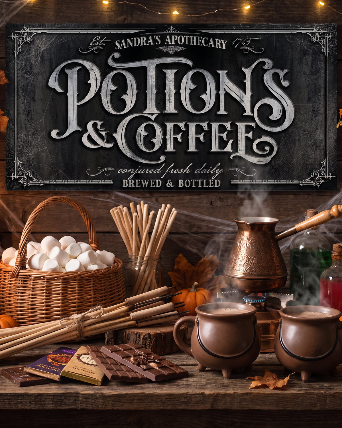 Potions and Coffee sign behind black cauldron mugs, marshmallows and a copper pot on a wooden table