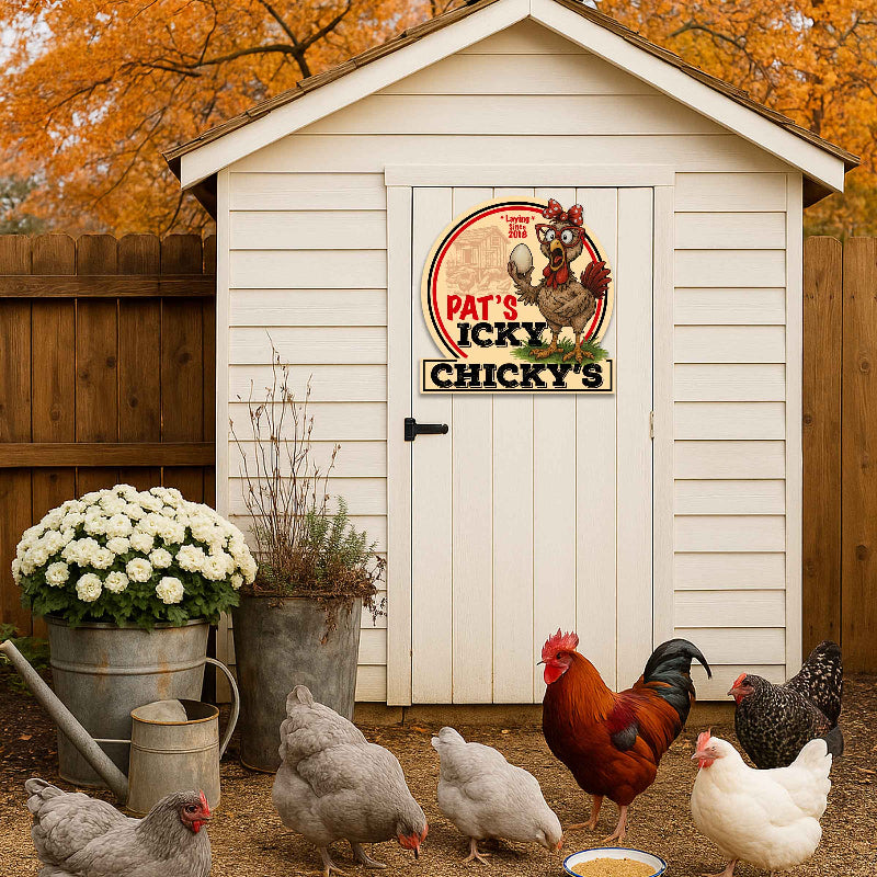 chicken coop farm of a chick holding an egg with personalization.