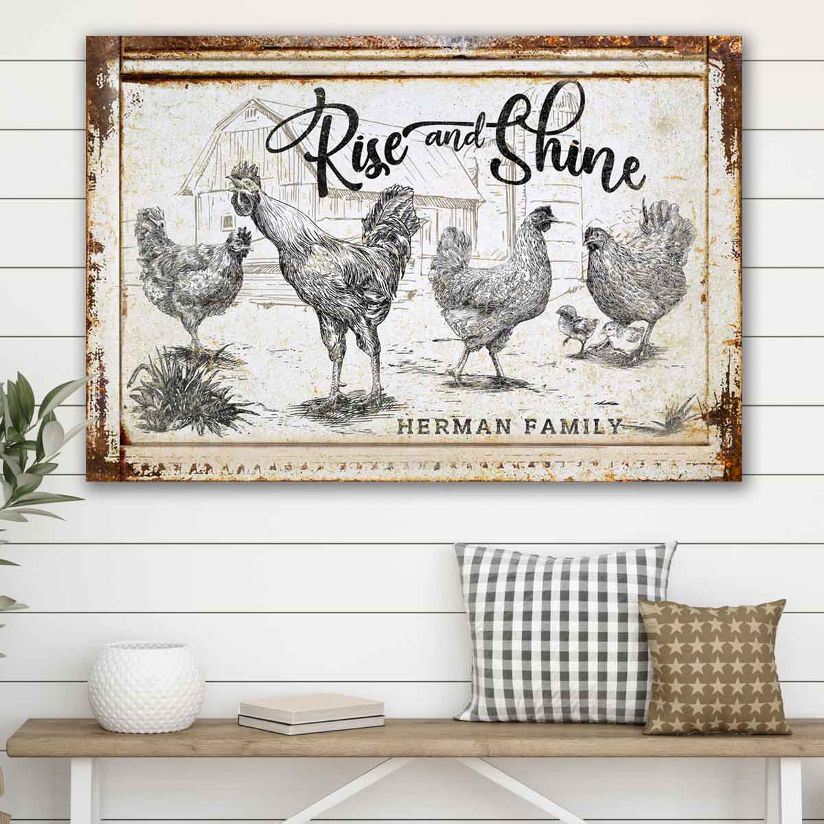 Chicken Decor of rustic drawn chickens and a rooster on a rusty faux frame.