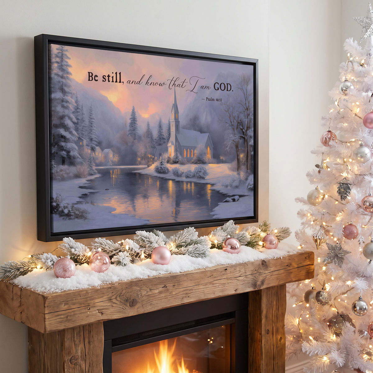 Be still and know scripture canvas above a rustic timber mantel with blush ornaments and a lit fire