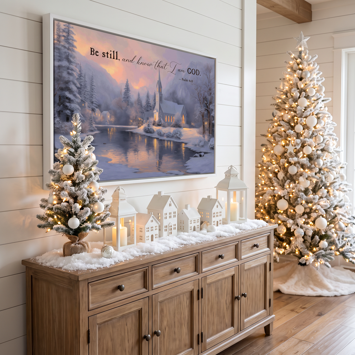 Scripture canvas on white shiplap above a wood sideboard with a flocked tree and small white houses