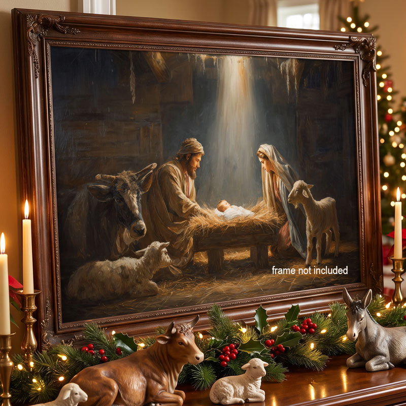 Christian Christmas wall art nativity canvas in a carved wood frame on a mantel with candles, frame not included