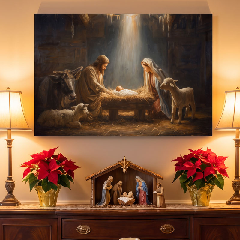 Nativity scene canvas hung above a dark wood sideboard between two lamps, with red poinsettias and a wooden nativity set