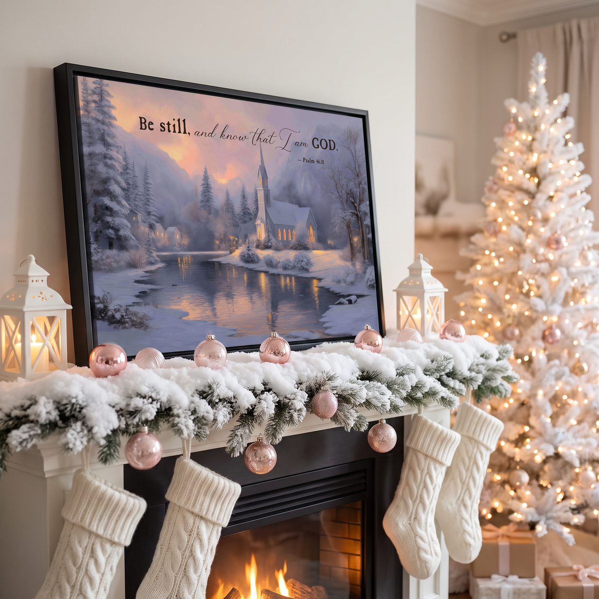 Christian framed wall art above a fireplace with a flocked garland, blush ornaments and a white tree