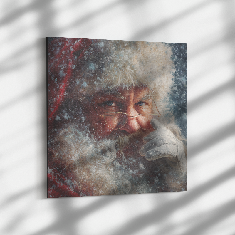 Christmas art prints of a close up of Sant looking at the camera
