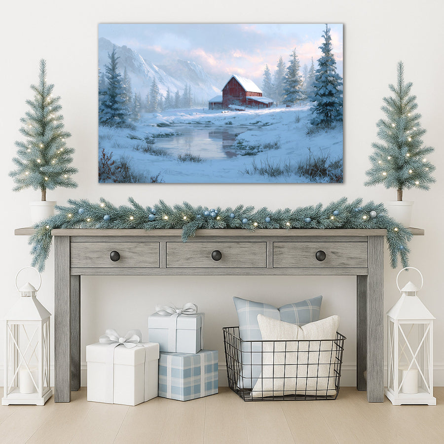 christmas canvas red barn artwork in the snowy mountains
