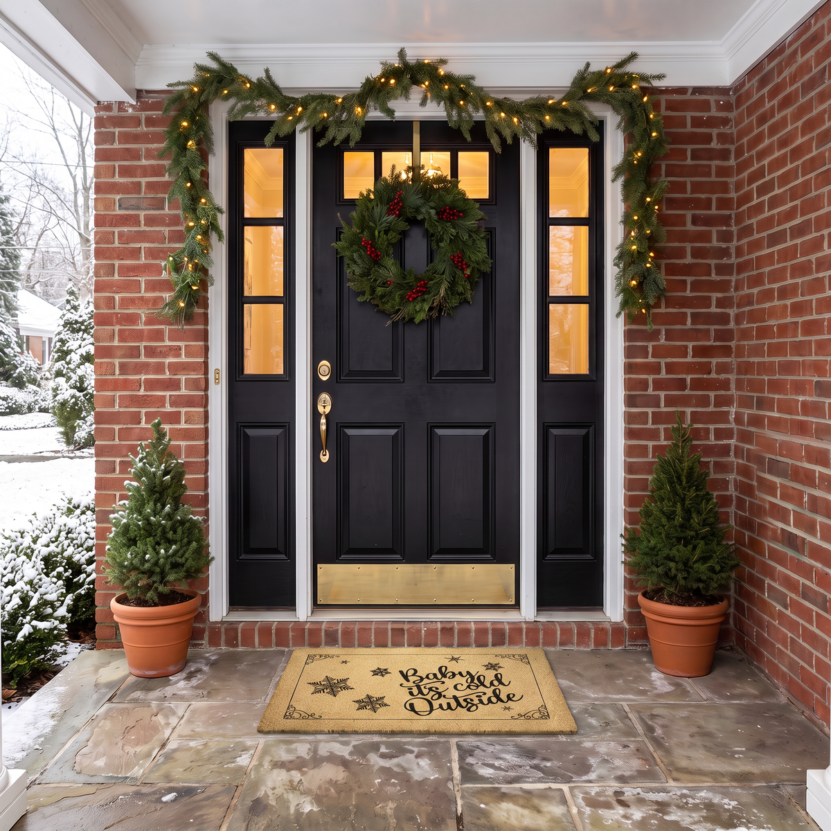 Christmas door mat with snowflakes at a black front door with lit garland, wreath and small evergreens