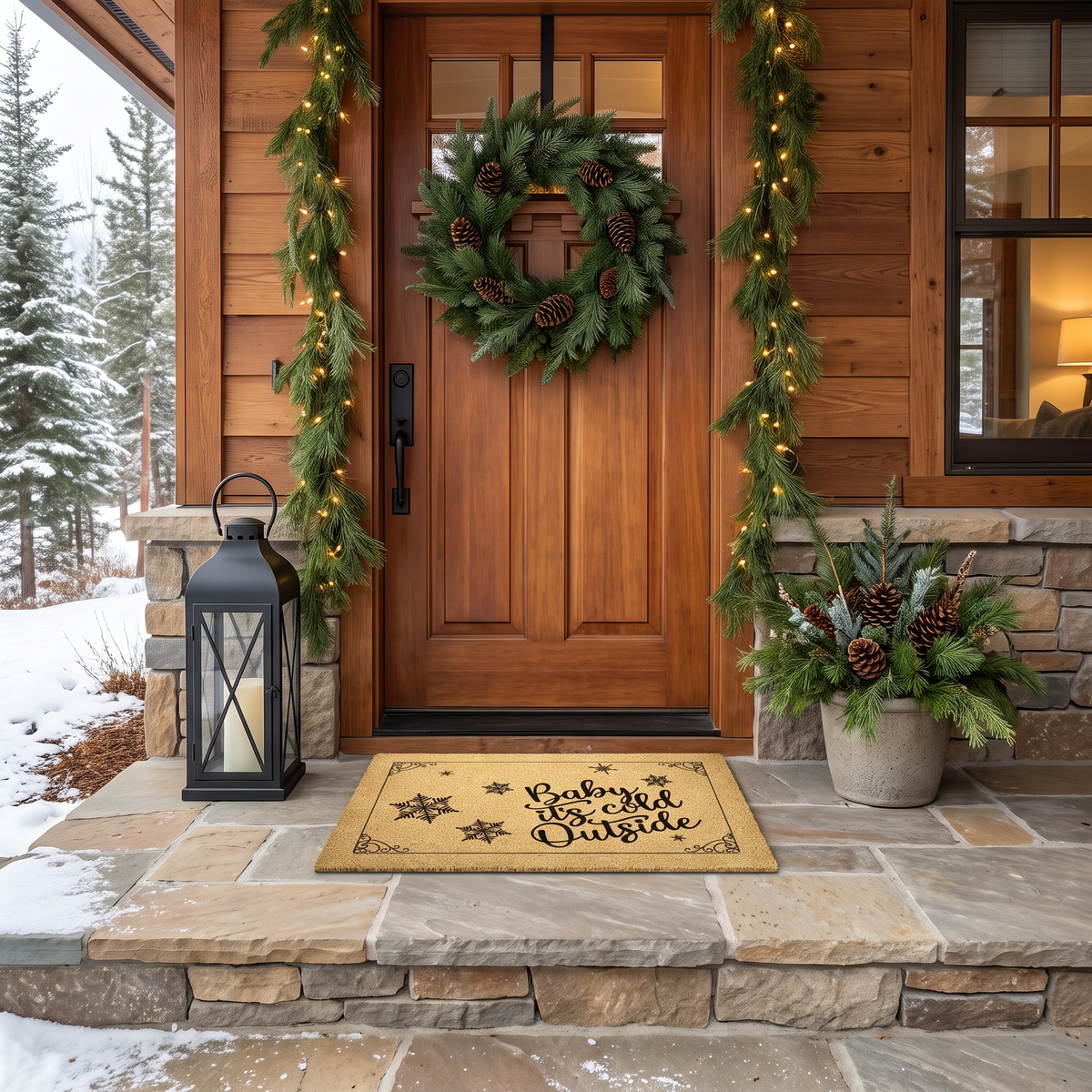 Christmas doormat reading Baby It's Cold Outside with snowflakes, at a wood cabin door with garland and snow
