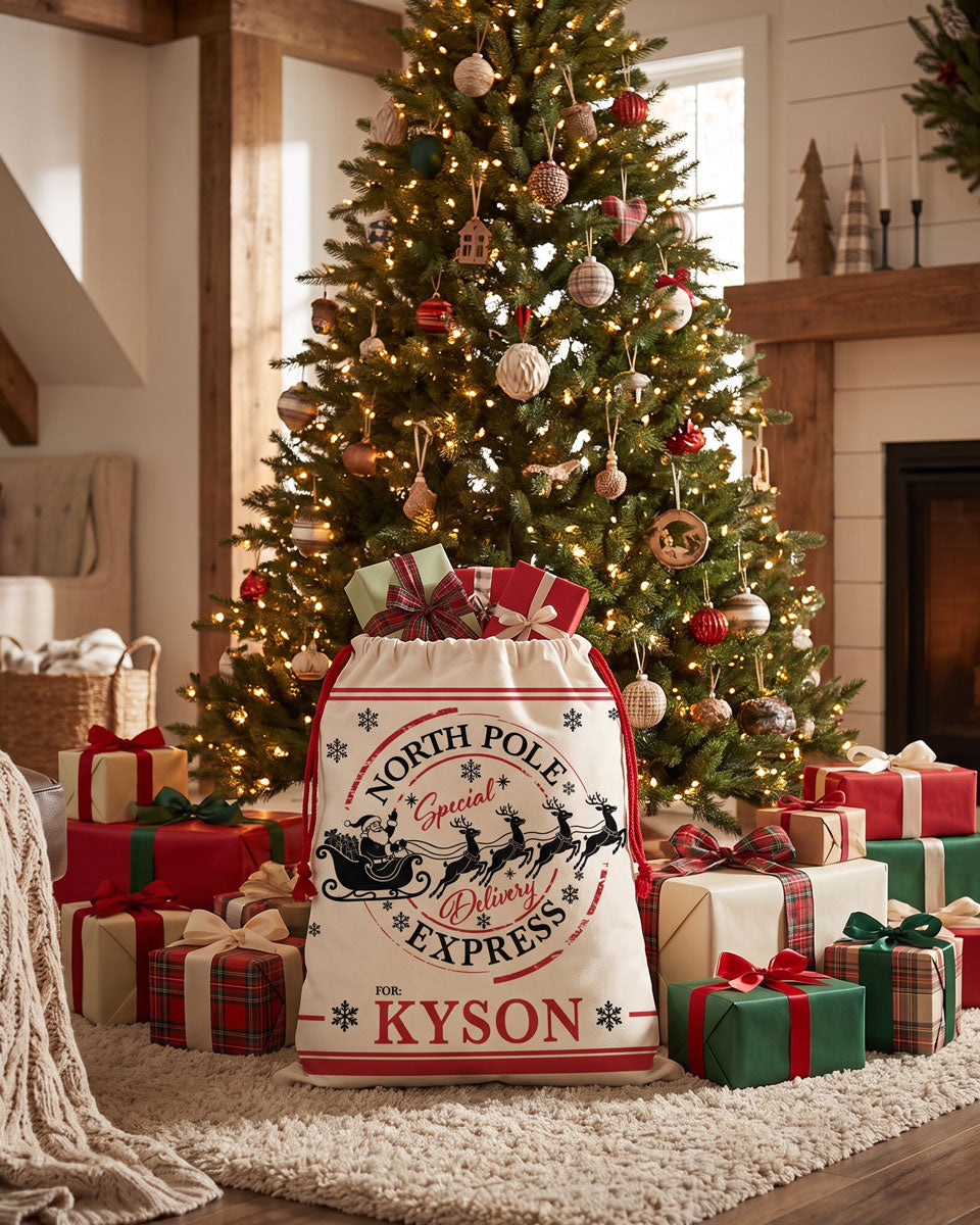Christmas gift bag in cream canvas with a red and black North Pole Express sleigh design