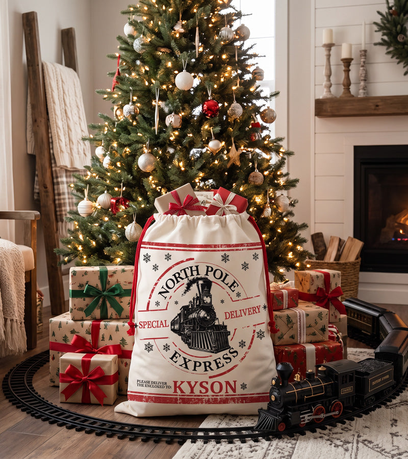 Christmas gift bag in cream canvas with a red drawstring and a black engraved North Pole Express locomotive