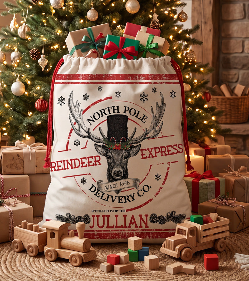 Christmas gift bag in cream canvas with a red and black Reindeer Express Delivery Co. postmark