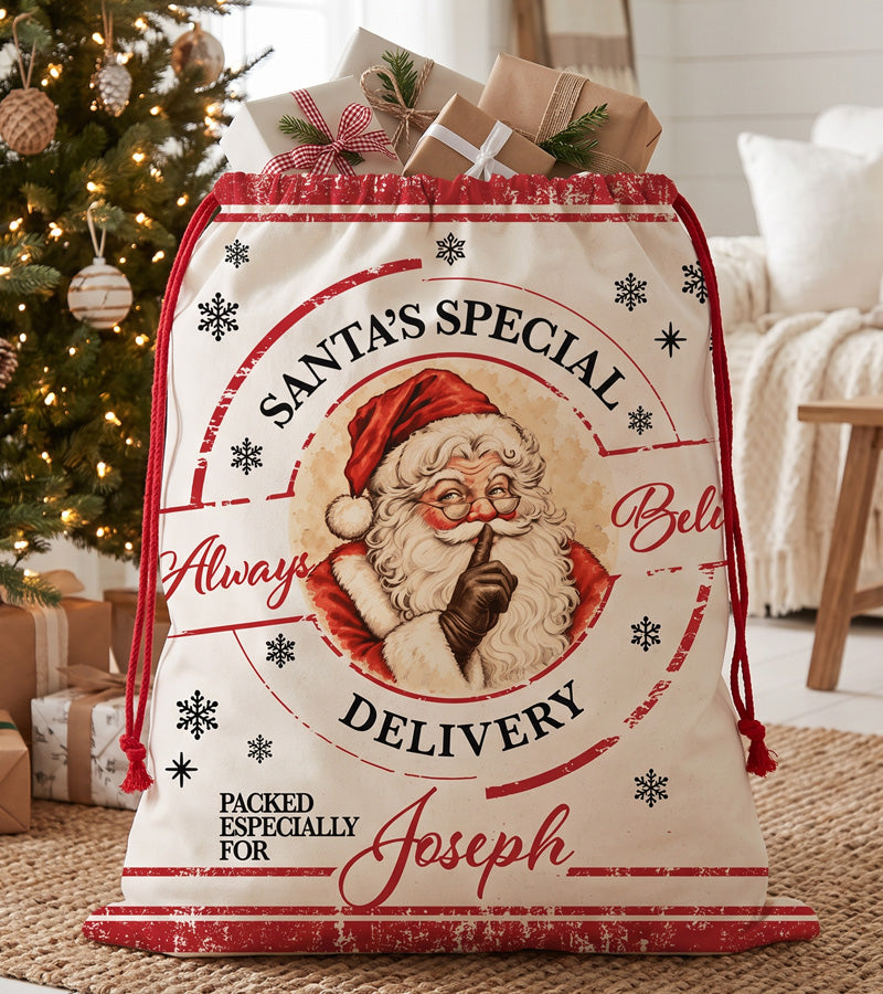 Christmas gift bag in cream canvas with a vintage Santa Claus portrait and a red drawstring