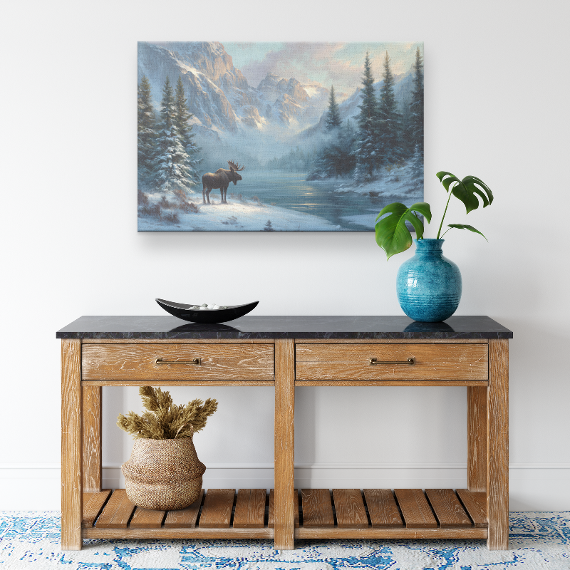christmas moose canvas art of a lone moose standing by a frozen alpine lake with snowy pines and mountains at sunrise