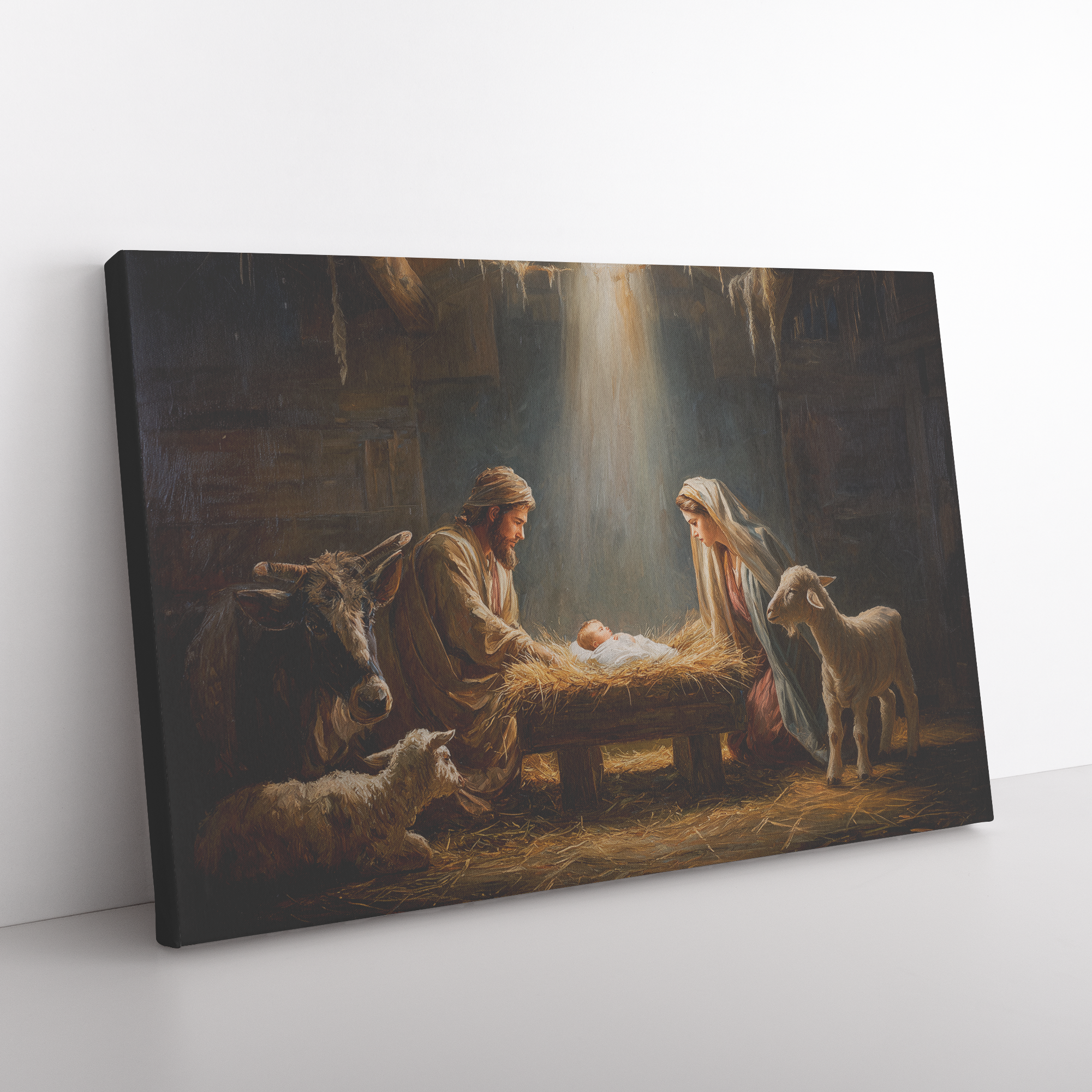 Christmas nativity canvas artwork of the baby Jesus in manger
