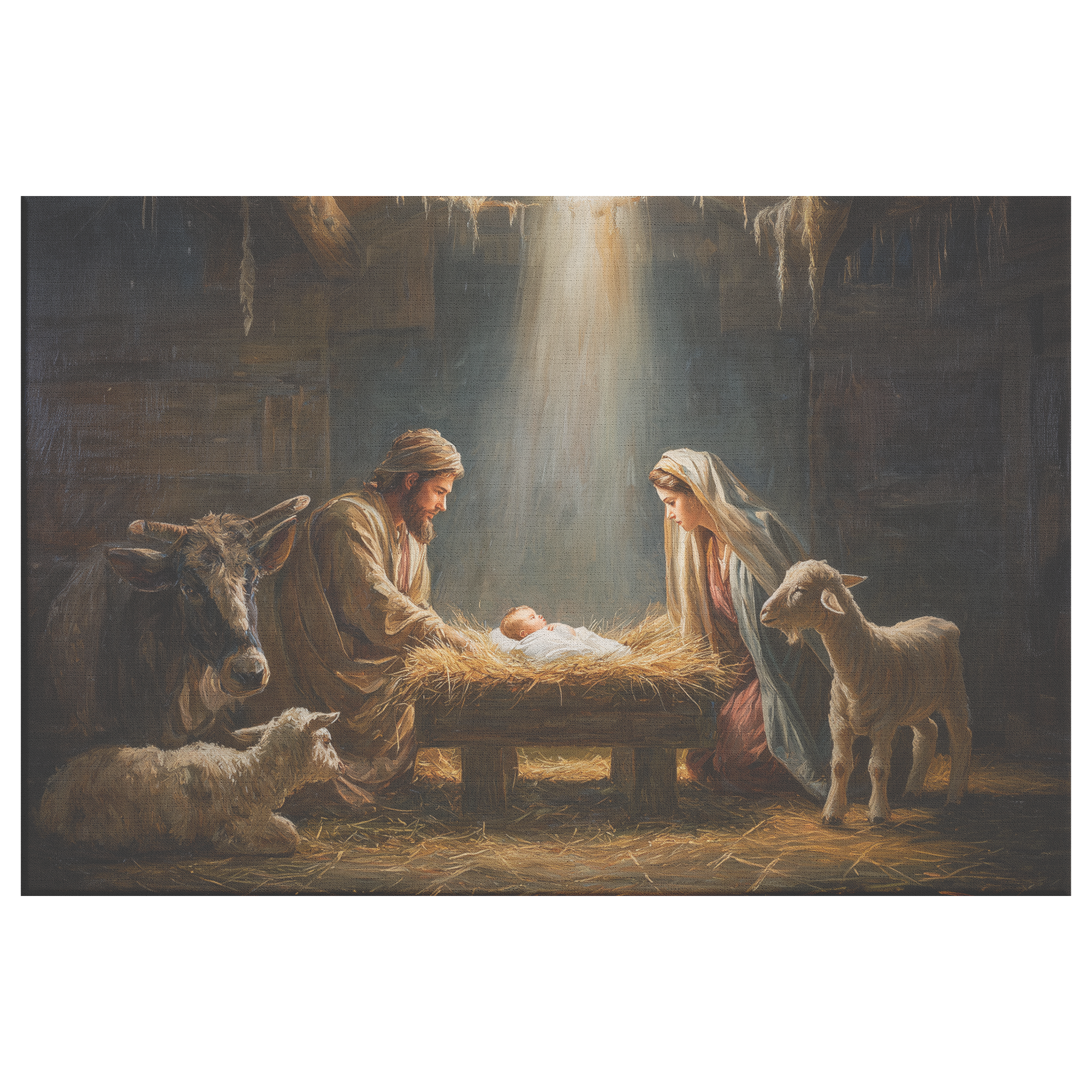 Christmas nativity of Jesus surround by Joseph and Mary and farm animals
