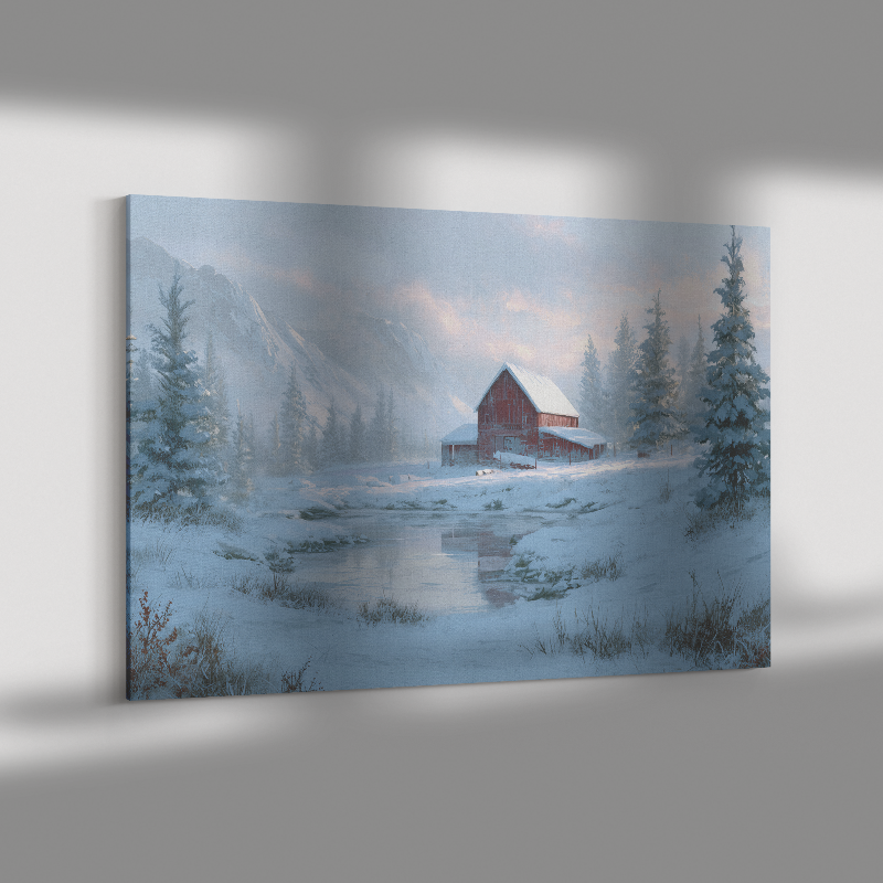 christmas wall art red barn in snowy mountains