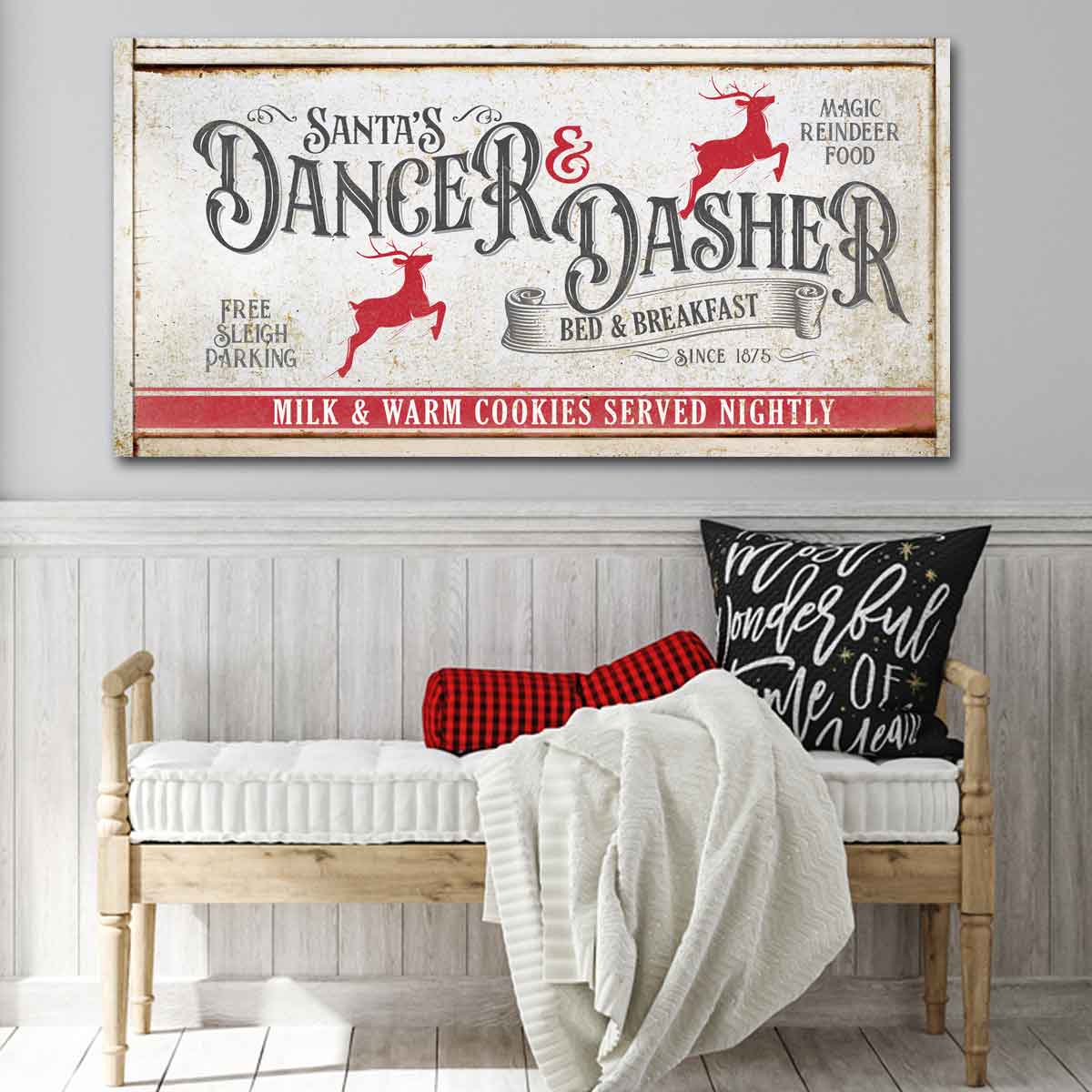 Rustic Christmas Sign with Reindeer and words "Santa's Dancer & Dasher Bed & Breakfast" Since 1875 in vintage distressed wood frame styleBed & Breakfast