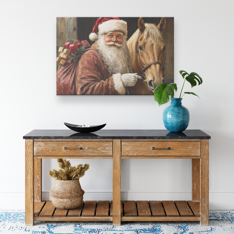 christmas wall art of santa with a horse.
