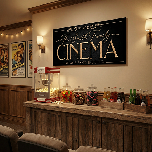 Home cinema setup with a counter, popcorn machine, and movie posters on the wall.