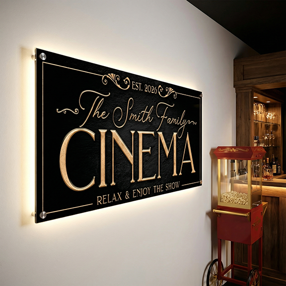 Personalized cinema sign with decorative text on a wall, next to a popcorn cart.