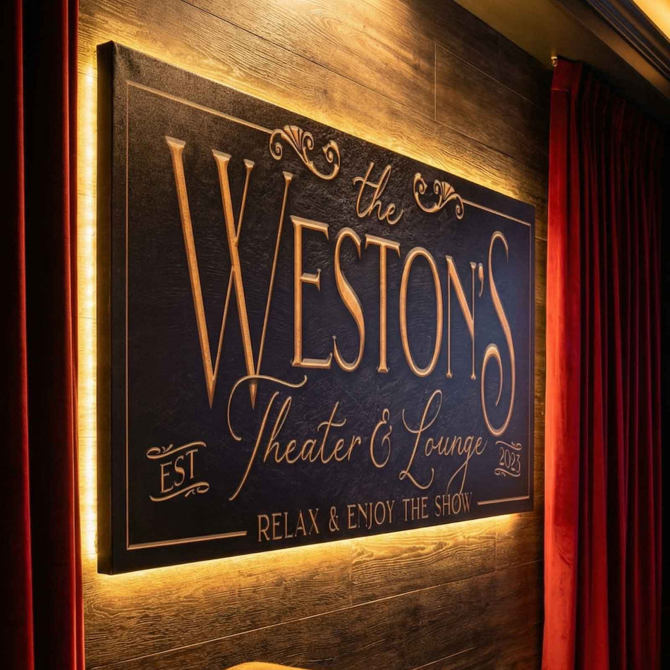 Cinema room sign for 'The Weston's Theater & Lounge' with warm lighting on a wooden wall.