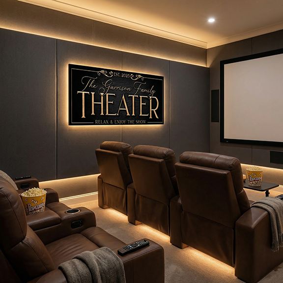 Home theater with recliner chairs, popcorn, and a personalized 'Theater' sign on the wall.