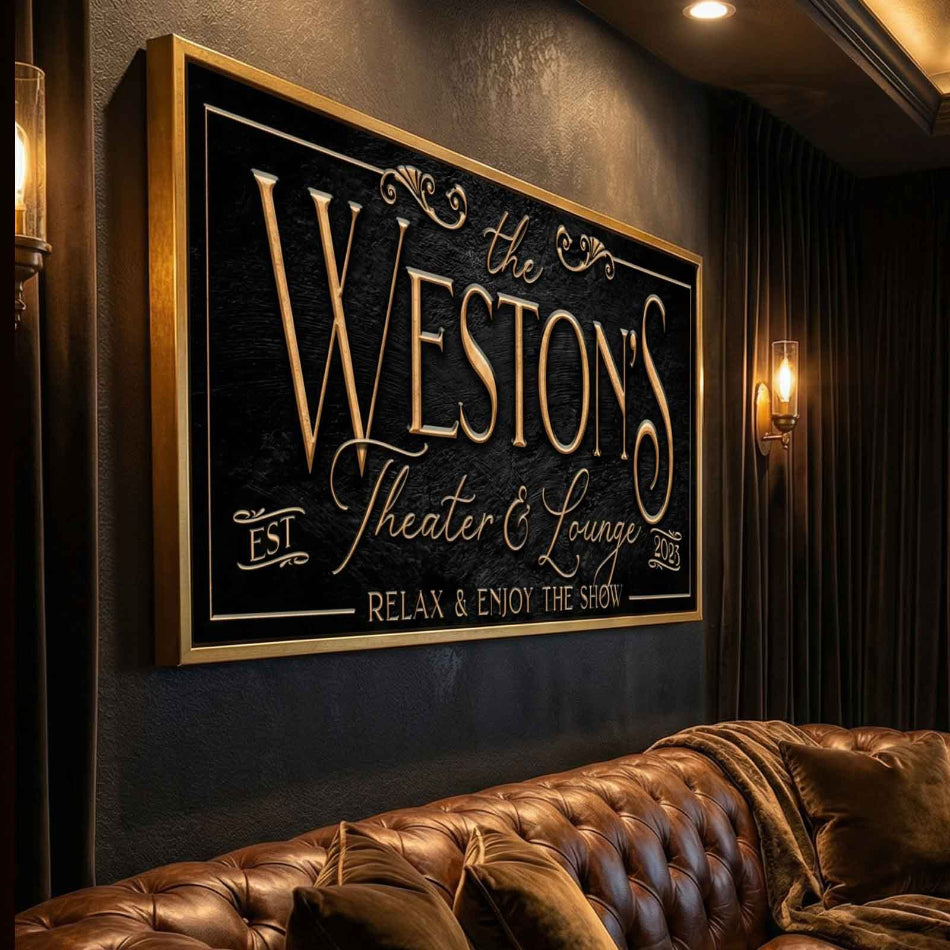 Decorative cinema sign for 'The Westons Theater & Lounge' on a wall with a brown leather couch.