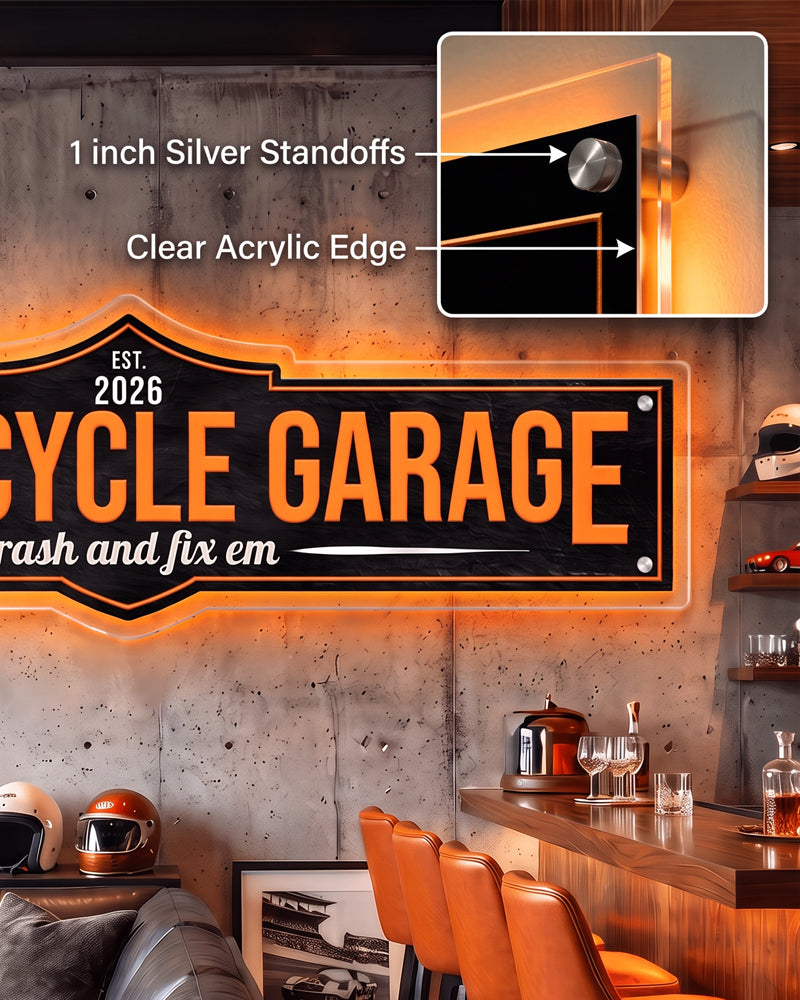 Closeup of a personalized garage man cave sign showing 1 inch silver standoffs and the clear acrylic edge